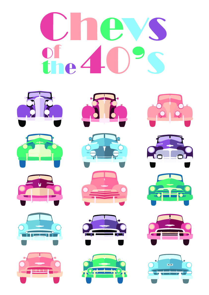 The company name 'Chevs of the 40's' above rainbow colored 1937-1954 Chevrolet car fronts.